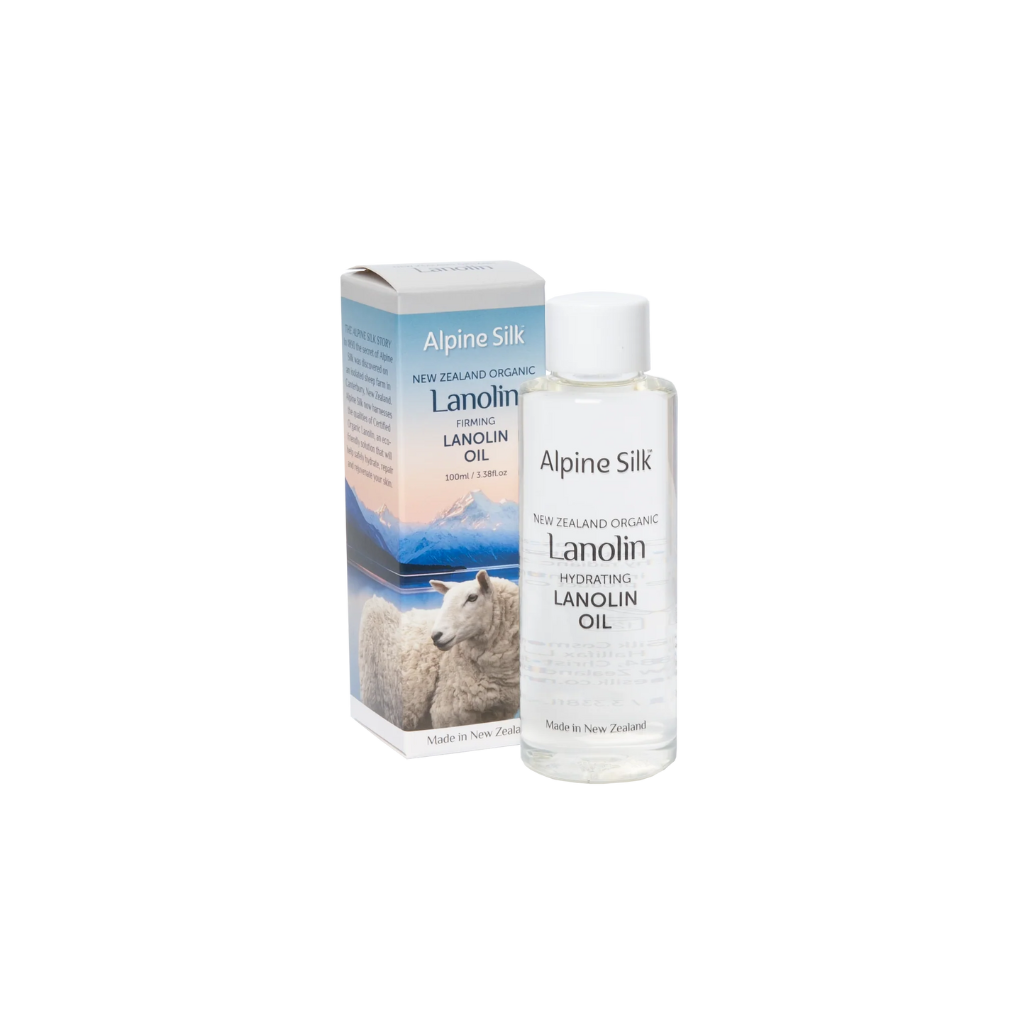 A product image featuring Alpine Silk organic lanolin firming lanolin oil in a clear bottle with a white label, next to its packaging box which has a similar design and branding.