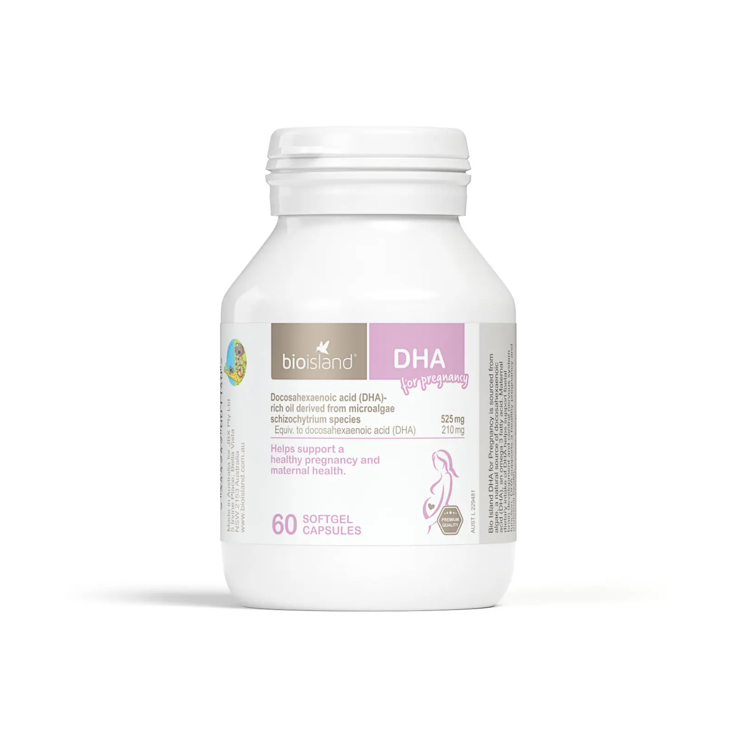 Bottle of Bio Island DHA supplement on a white background