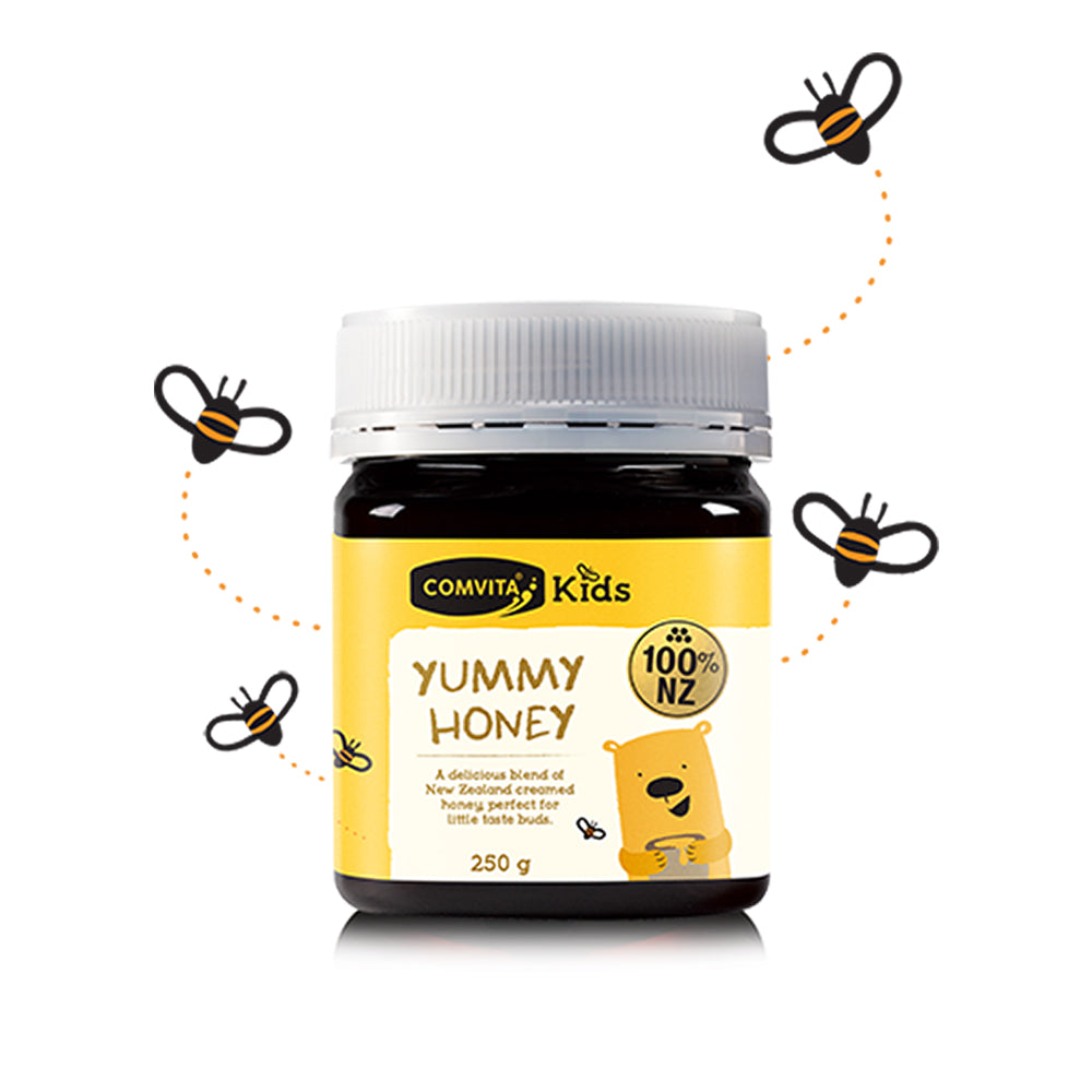 A jar of Comvita Kids Honey with a label indicating it is 100% pure natural New Zealand honey, specifically designed for kids, in a 500g size.