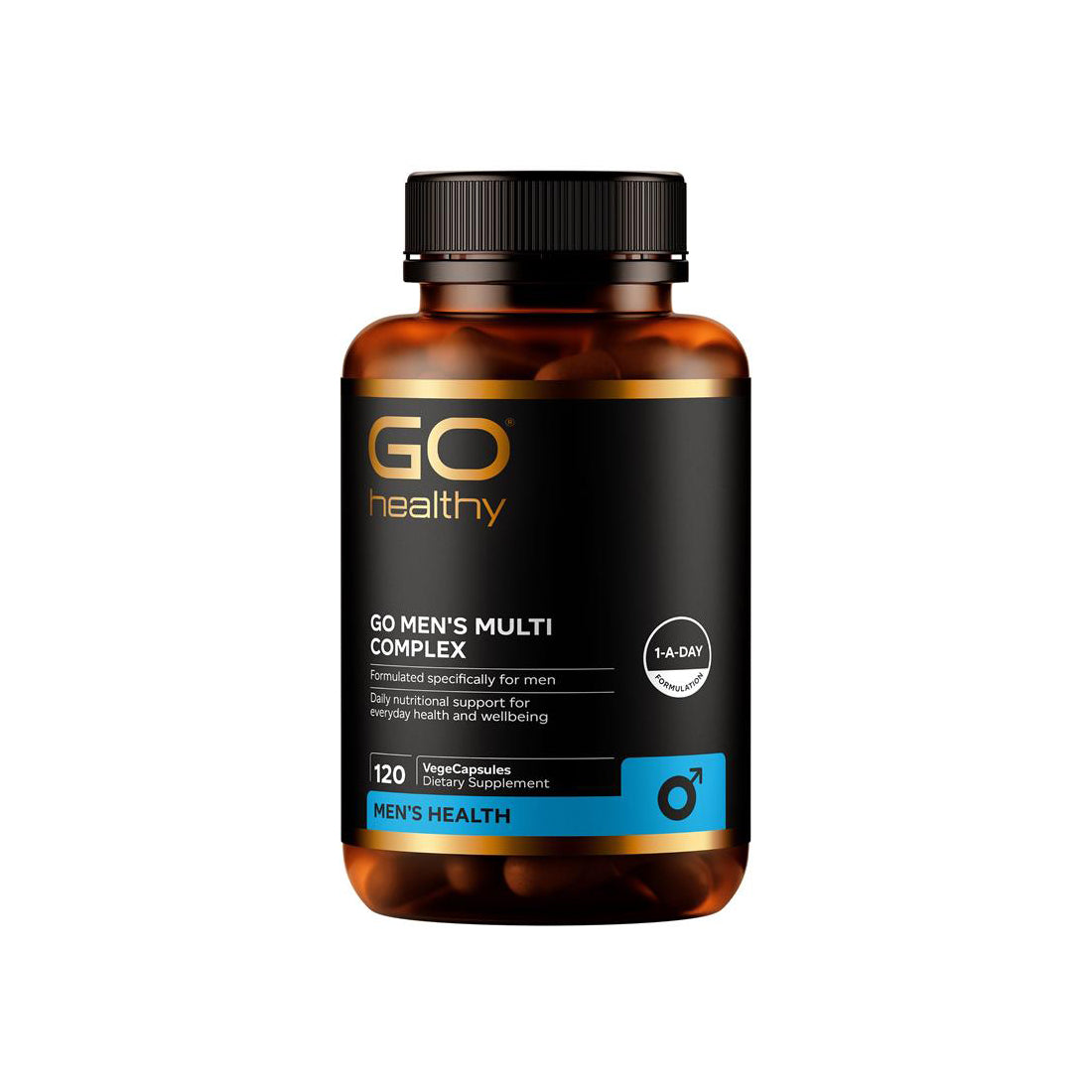 Bottle of GO Men's Multi Complex supplement on a white background