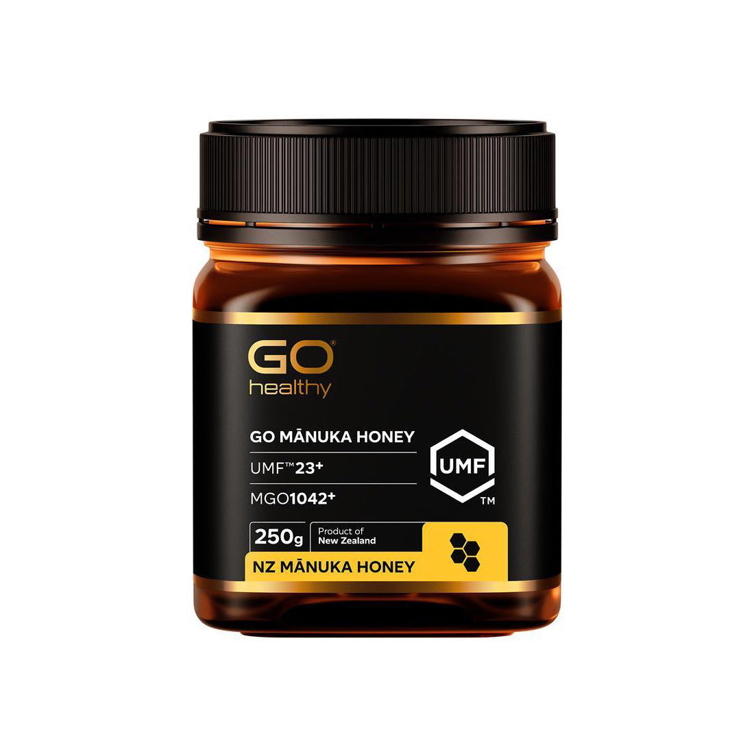 Jar of GO Healthy Manuka Honey on a white background