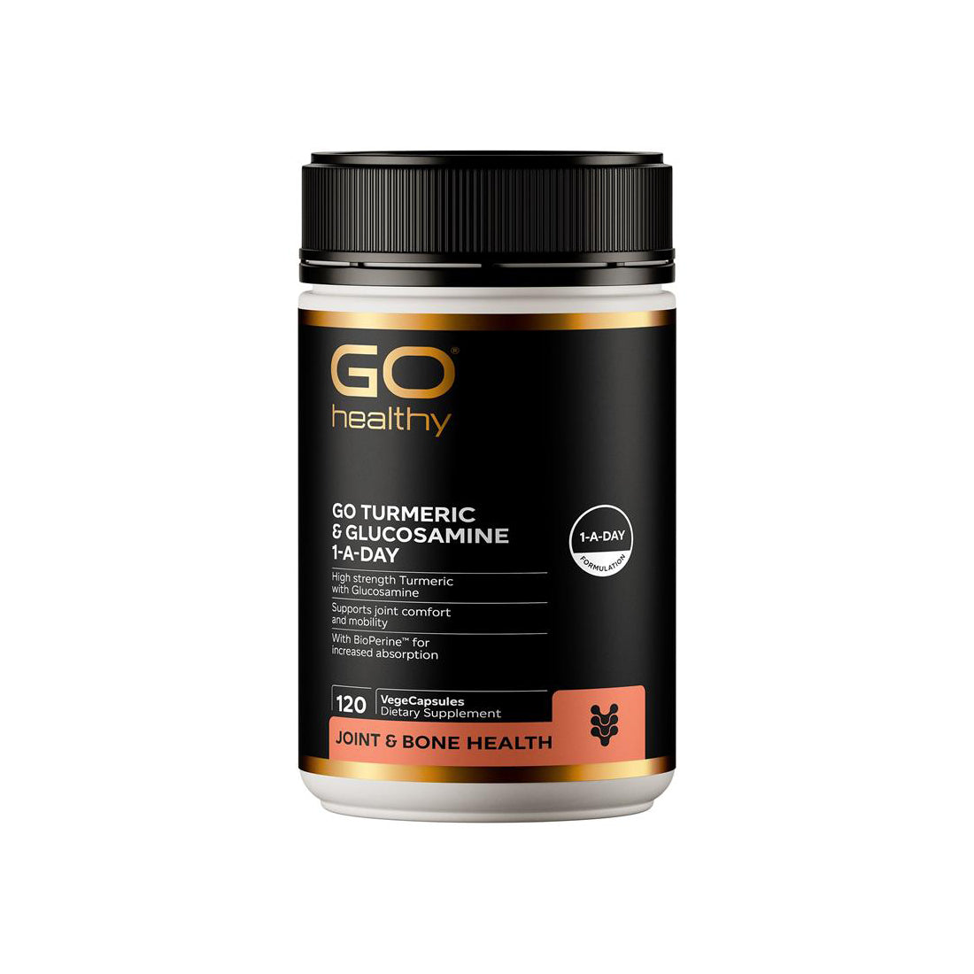 GO Healthy supplement container for Turmeric & Glucosamine on a white background
