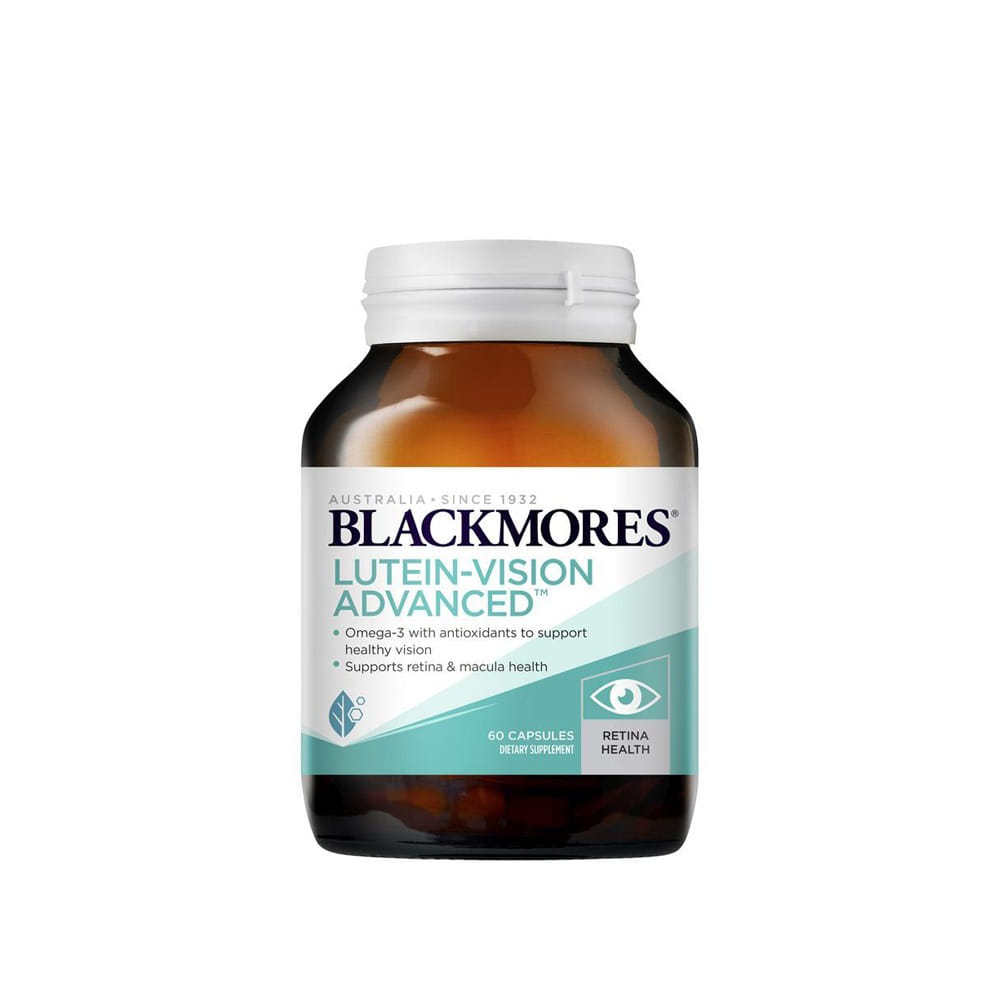 A bottle of Blackmores Lutein-Vision Advanced capsules, which is a health supplement for eye care.