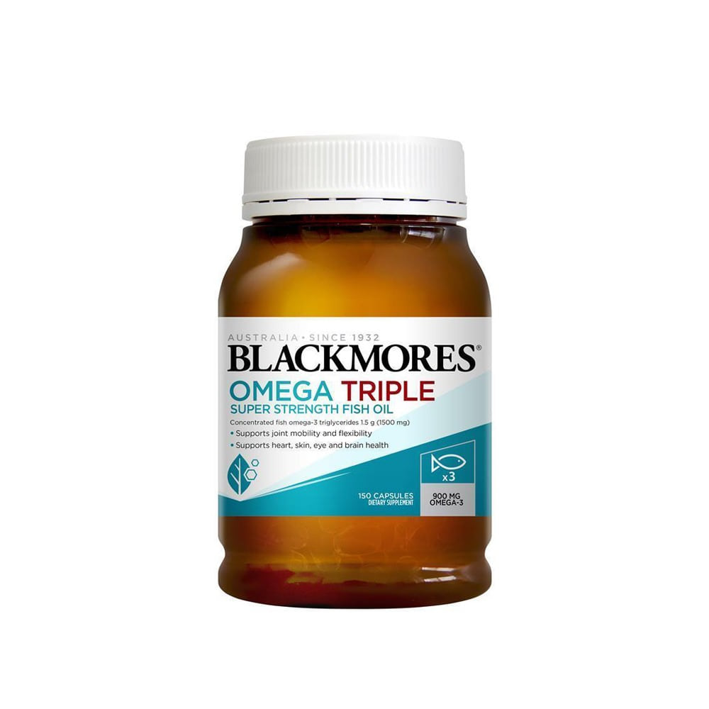 A bottle of Blackmores Omega Triple Concentrated Fish Oil with 150 capsules.