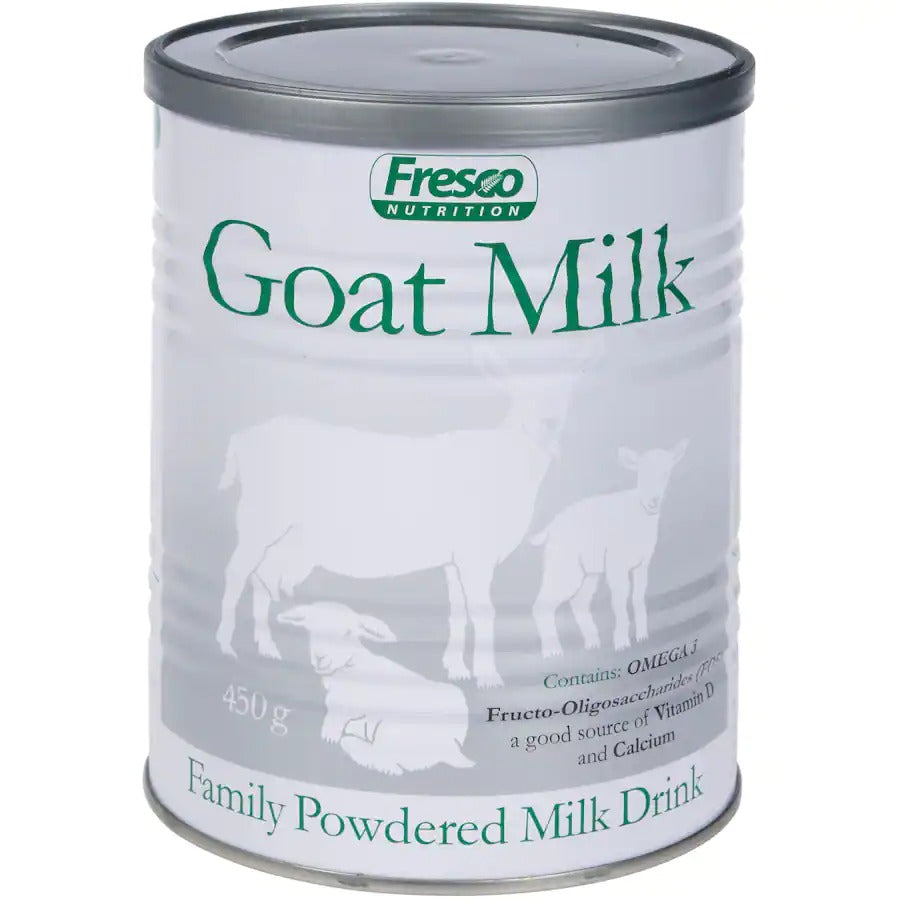 A can of Fresco Goats Milk Powder, 450g, with product information and branding visible.