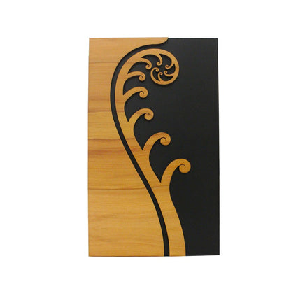 Decorative panel with wooden texture and black and gold abstract design on a white background