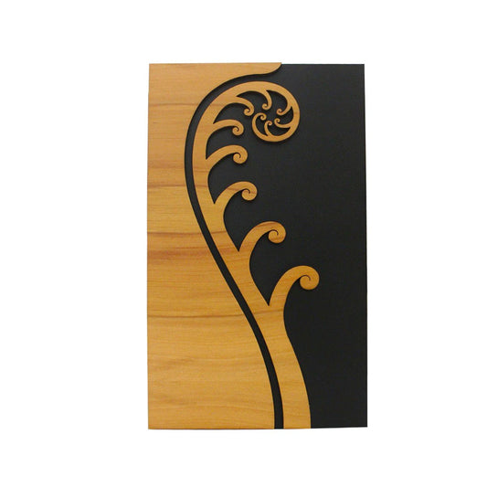Decorative panel with wooden texture and black and gold abstract design on a white background