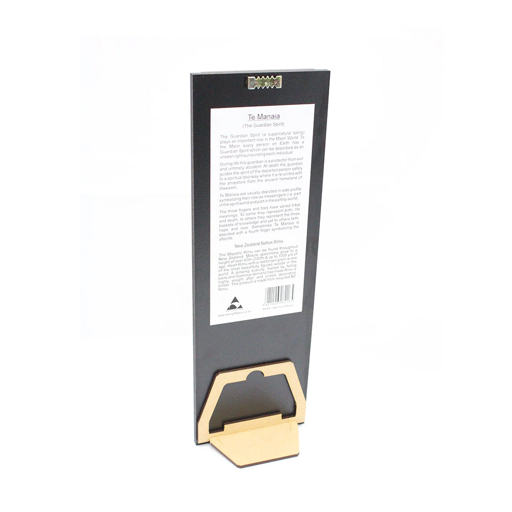 wooden standee with a black backing with attached description paper stuck on.