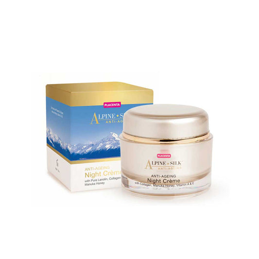 A jar of Alpine Silk Anti-Ageing Night Creme with its packaging box, featuring the product name and images of mountains.