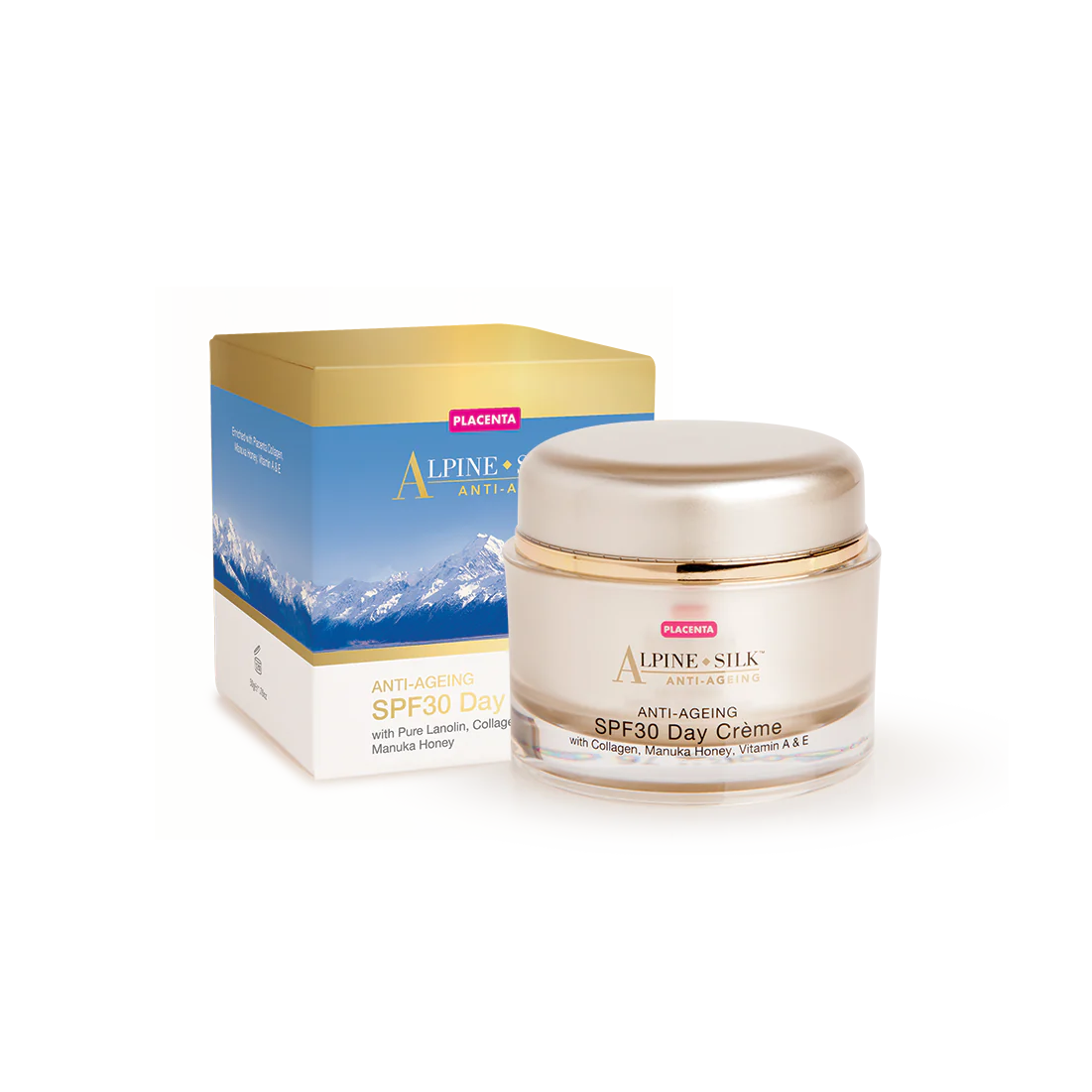 Alpine Silk Anti-ageing SPF 30 Day Crème packaging and product jar, with a background image of mountains.