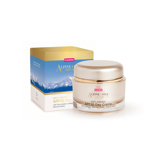 Alpine Silk Anti-ageing SPF 30 Day Crème packaging and product jar, with a background image of mountains.