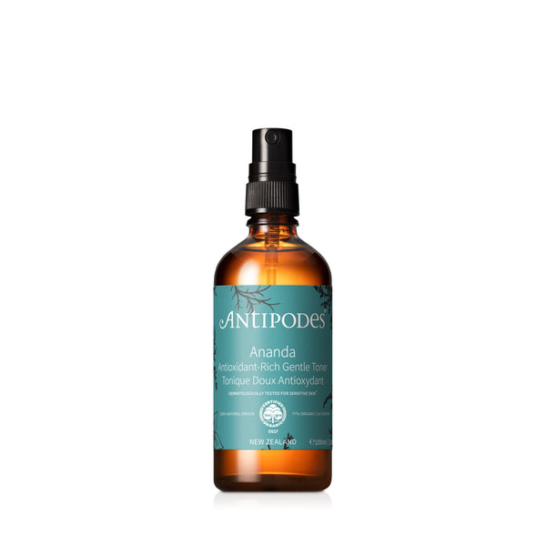 A spray bottle of Antipodes Ananda Antioxidant Rich Gentle Toner with a green label and blue cap.