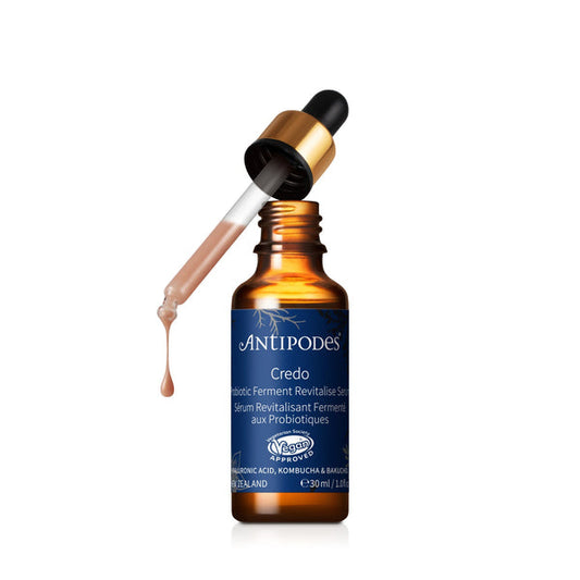 Antipodes Credo Probiotic Ferment Revitalise Serum 30ml and spoid cover opend