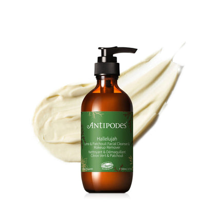 A bottle of Antipodes Hallelujah Lime & Patchouli Facial Cleanser with its contents partially dispensed, set against a white background.