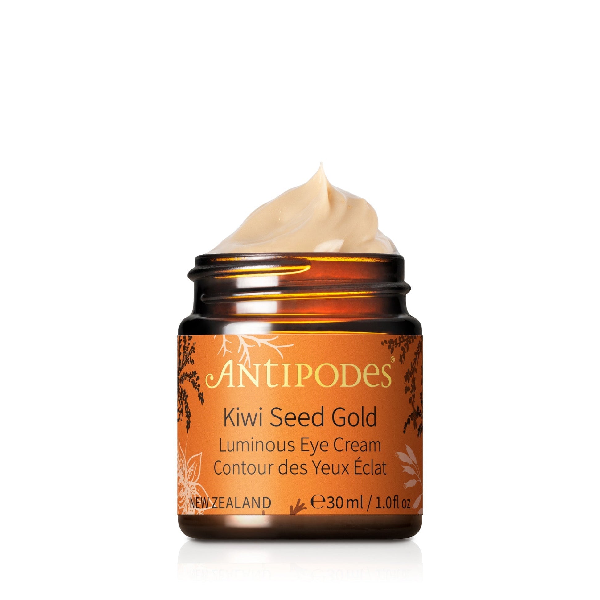 Antipodes Kiwi Seed Gold Luminous Eye Cream in a small jar with a beige lid, containing 30ml of product.