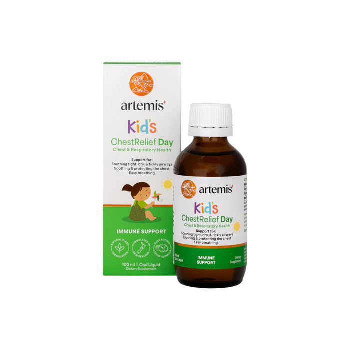Artemis Kids' ChestRelief Day product with bottle and packaging on a white background