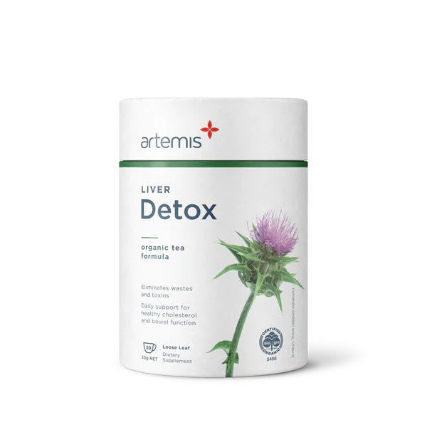 A package of Artemis Liver Detox Tea with an image of a thistle flower and tea leaves. The package is white with green accents and labeling.