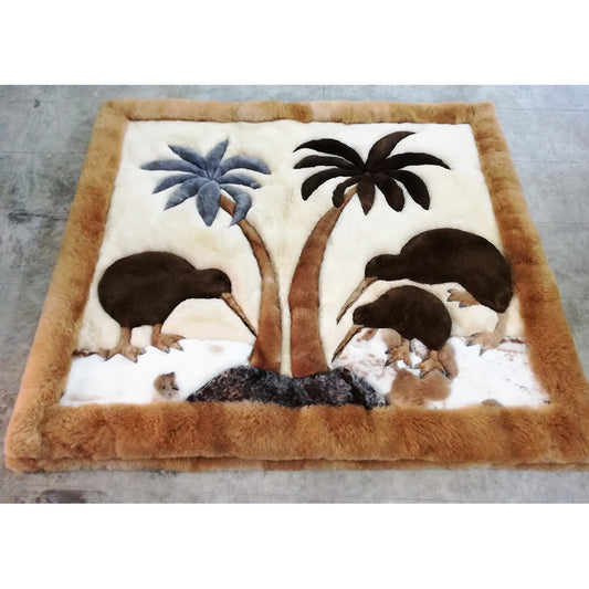 A luxurious alpaca fleece rug with a design featuring kiwi fruits and alpacas on a beige background.
