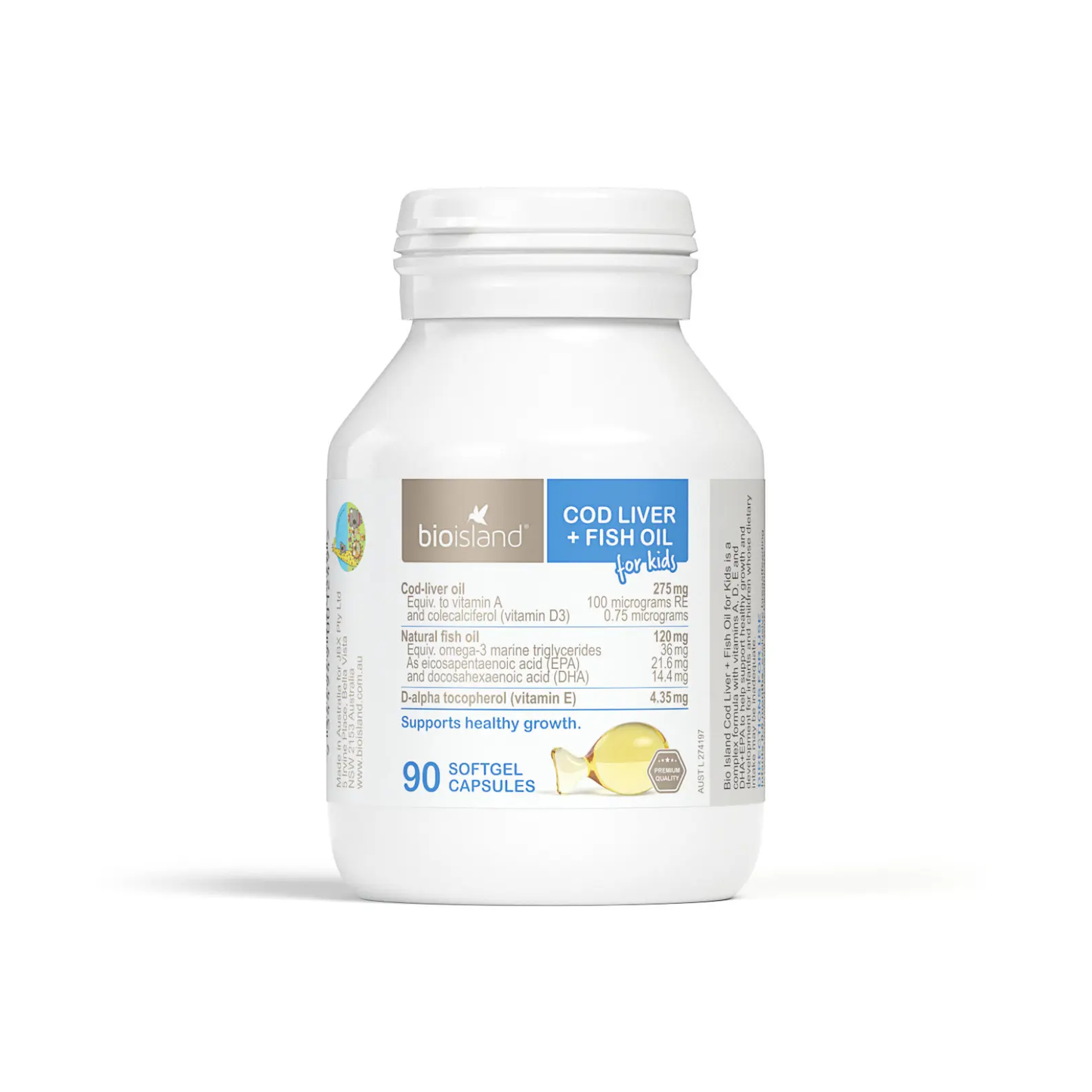 Bottle of Bio Island Cod Liver + Fish Oil supplement on a white background