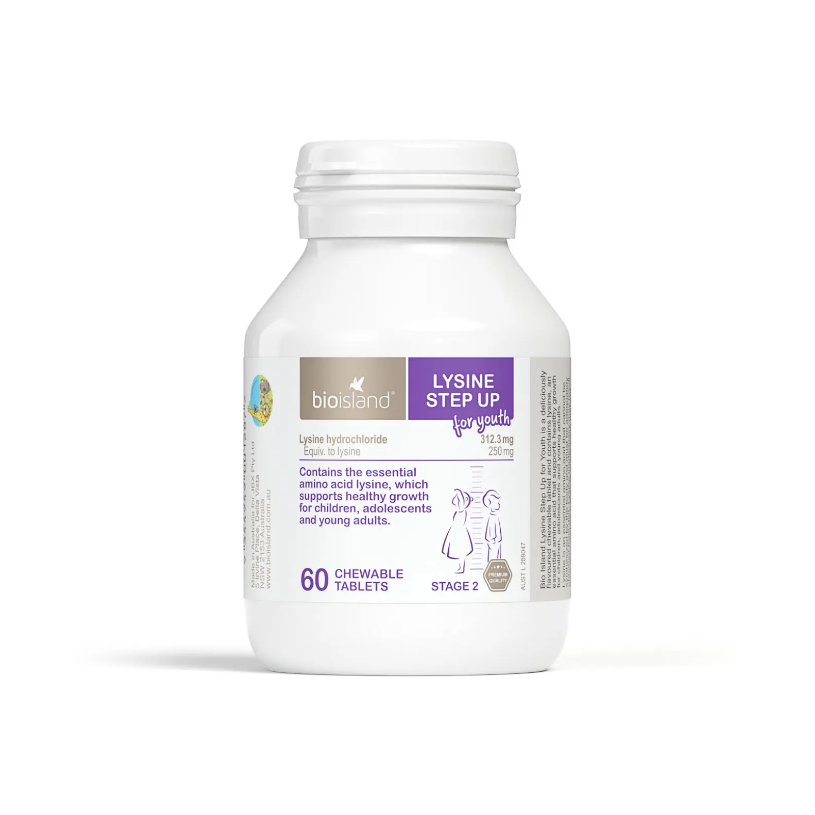 Bottle of Bio Island Lysine Step Up supplement on a white background