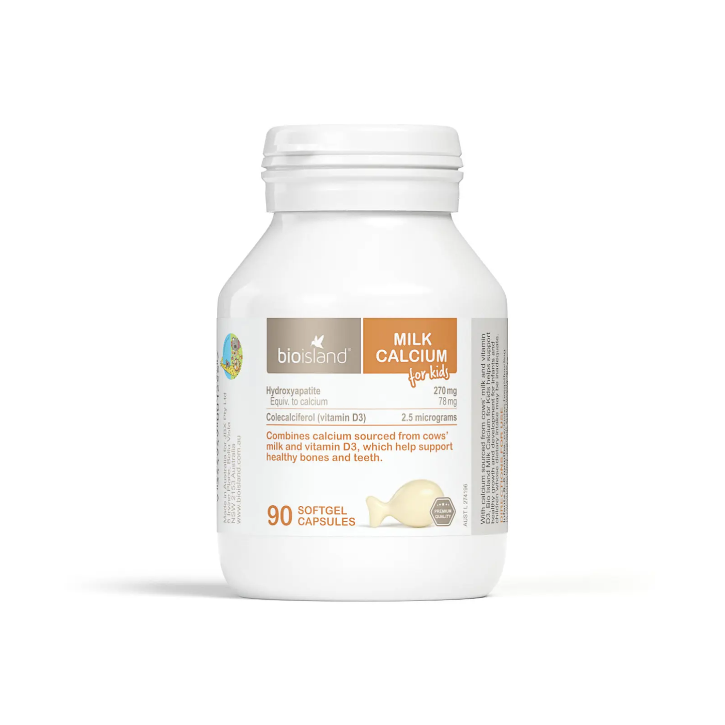 Bottle of BioSteel Milk Calcium for Kids on a white background