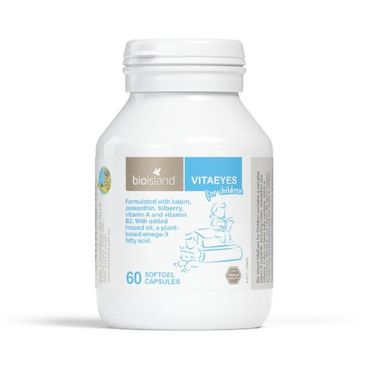 Bottle of Bioisland Vitaeyes for children on a white background