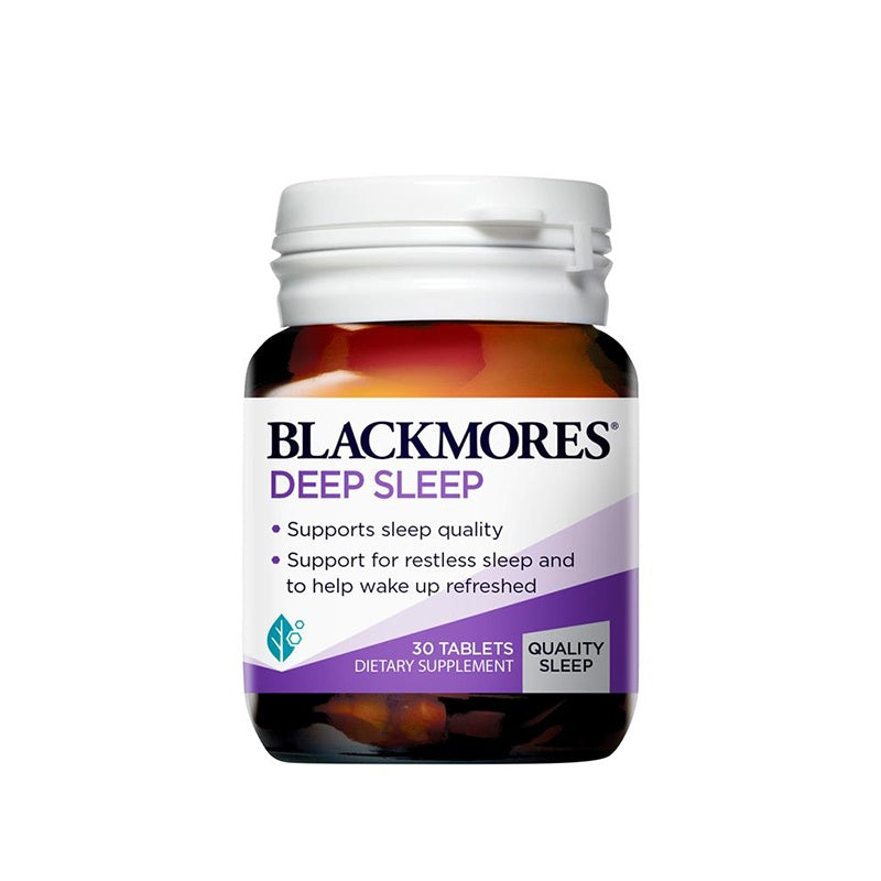 A bottle of Blackmores Deep Sleep dietary supplement with 30 tablets, supporting restful sleep and nerve soothing.