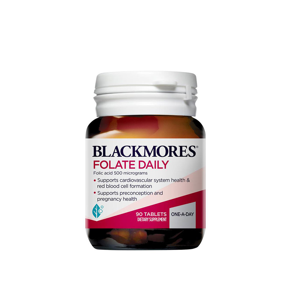 A bottle of Blackmores Folate Daily tablets, which are designed to support cardiovascular system health and folic acid levels. The bottle is labeled with the product name and its benefits.