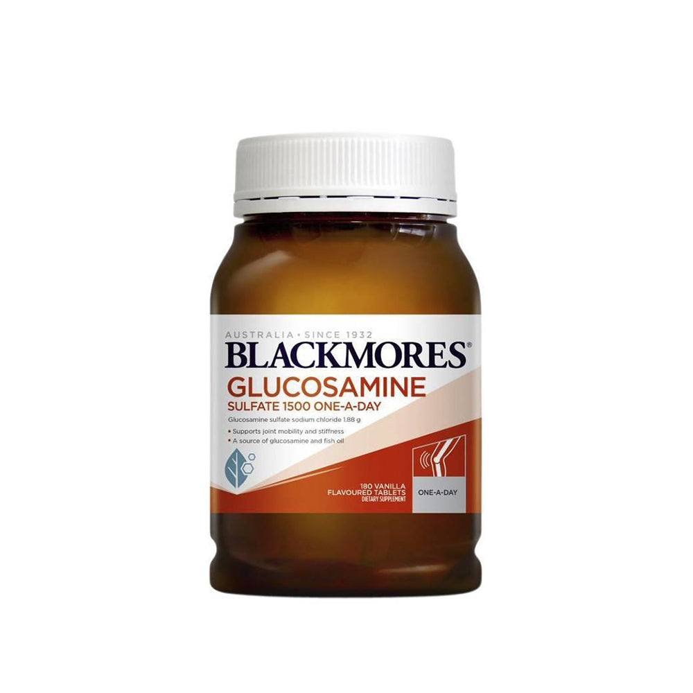 A bottle of Blackmores Glucosamine Sulfate 1500 One-A-Day 180 Tablets, with information about the product on the label.