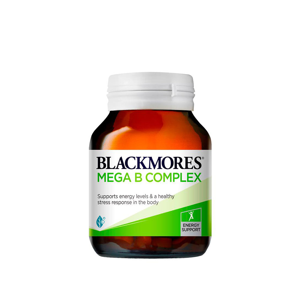 A bottle of Blackmores Mega B Complex tablets, which are designed to support energy levels and stress response in the body.
