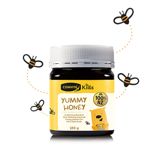 A jar of Comvita Kids Honey with a label indicating it is 100% pure natural New Zealand honey, specifically designed for kids, in a 500g size.