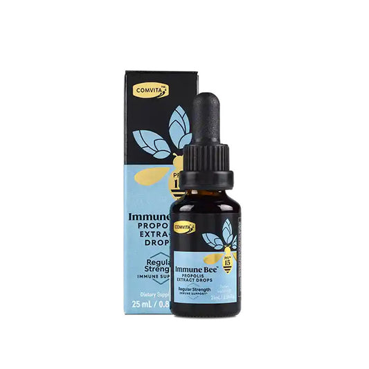 A 25ml bottle of Comvita Propolis Extract, with the label showing the brand name, product type, and volume. The bottle is dark amber color with a dropper and is packaged in a blue and black box with matching design elements.