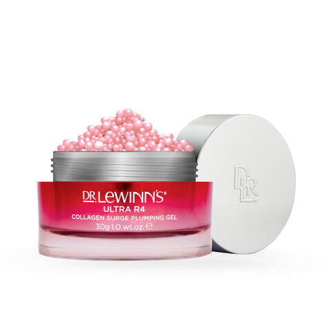 A jar of Dr LeWinn's Ultra R4 Collagen Surge Plumping Gel with a pink lid, displaying pink collagen pearls and the product's name on the label.