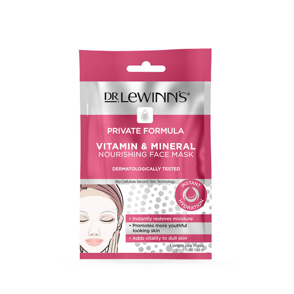 Packaging of Dr Lewinns Private Formula Vitamin & Mineral Nourishing Face Mask, with key ingredients and benefits listed on the front.