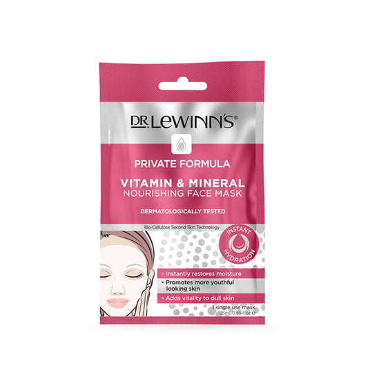 Packaging of Dr Lewinns Private Formula Vitamin & Mineral Nourishing Face Mask, with key ingredients and benefits listed on the front.