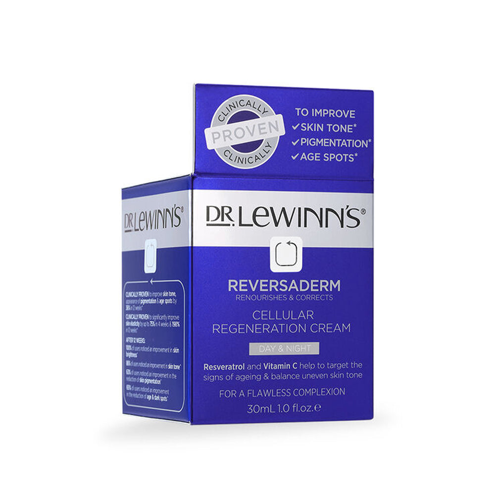 A box of Dr Lewinns Reversaderm Cellular Regeneration Cream with a blue and white design, indicating that it contains Resveratrol and is recommended for aging skin.