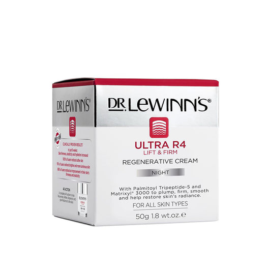A box of Dr. LeWinn's Ultra R4 Lift Firm Night Regenerative Cream, with details about the product being a nighttime cream with peptides, Matrixyl 3000, and Resurrection Plant Extract.