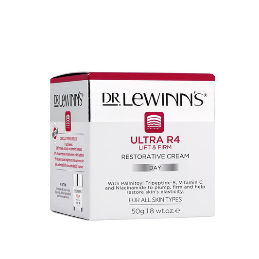 A box of Dr. Lewinns Ultra R4 Restorative Day Cream with key ingredients listed on the packaging, indicating it is a cosmetic product for skin firmness and elasticity.