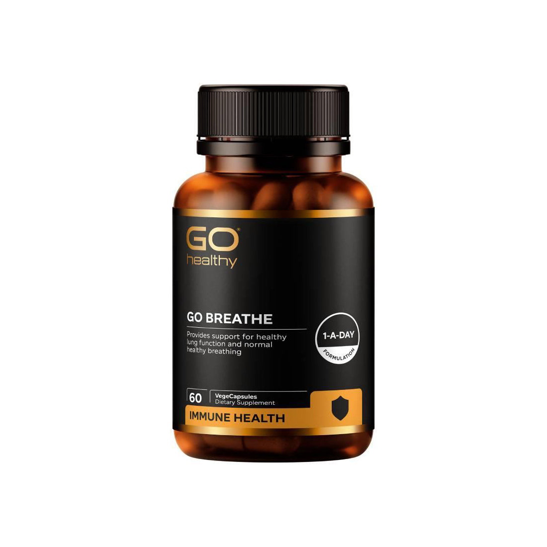 Supplement bottle labeled 'GO Breathe' by GO Healthy on a white background