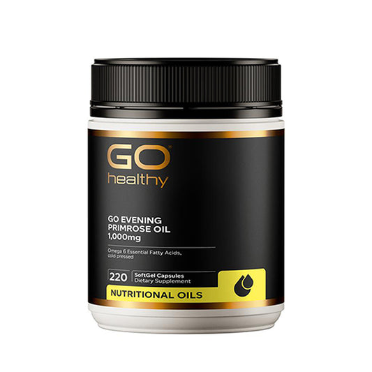 A container of GO Healthy Evening Primrose Oil 1000mg with 220 capsules, highlighting its nutritional oils content and omega 3, 6, 9 fatty acids.