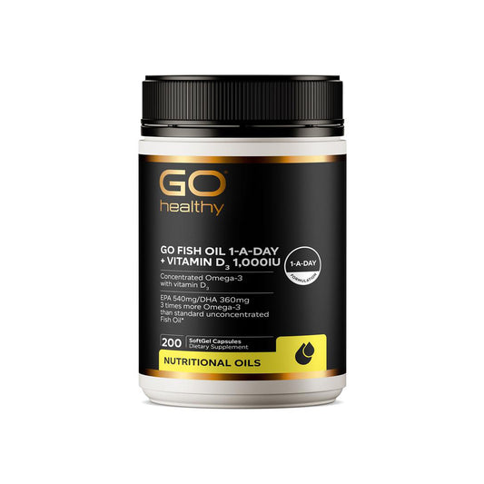 GO Healthy fish oil supplement container on a white background