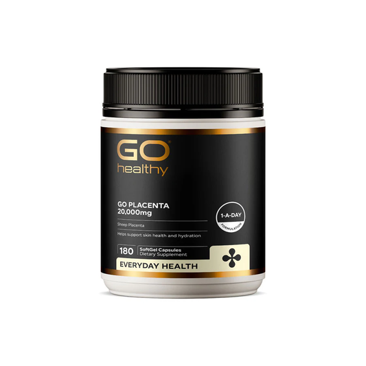 GO Healthy Placenta supplement container on a white background