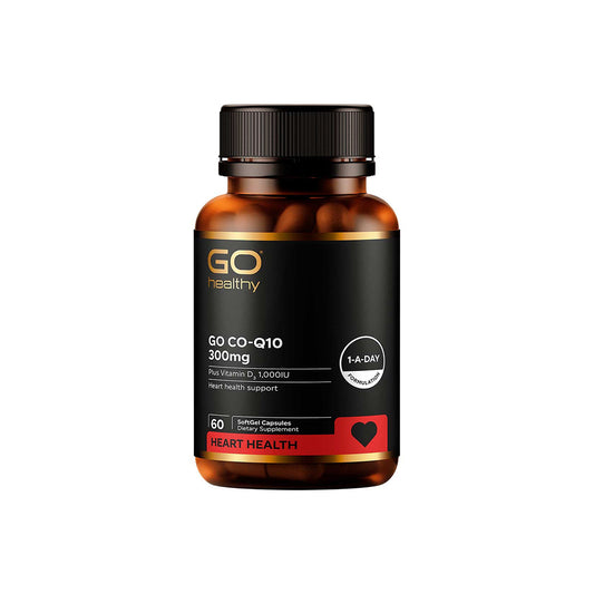 Vitamin supplement bottle labeled 'GO CO-Q10' on a white background