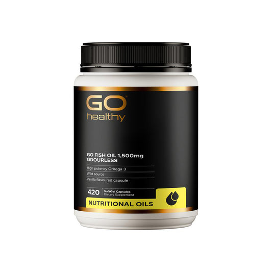 GO Healthy fish oil supplement container on a white background