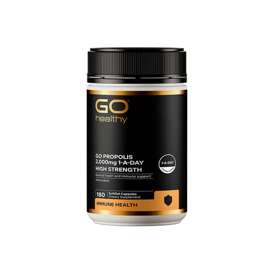 GO Healthy Propolis supplement container on a white background