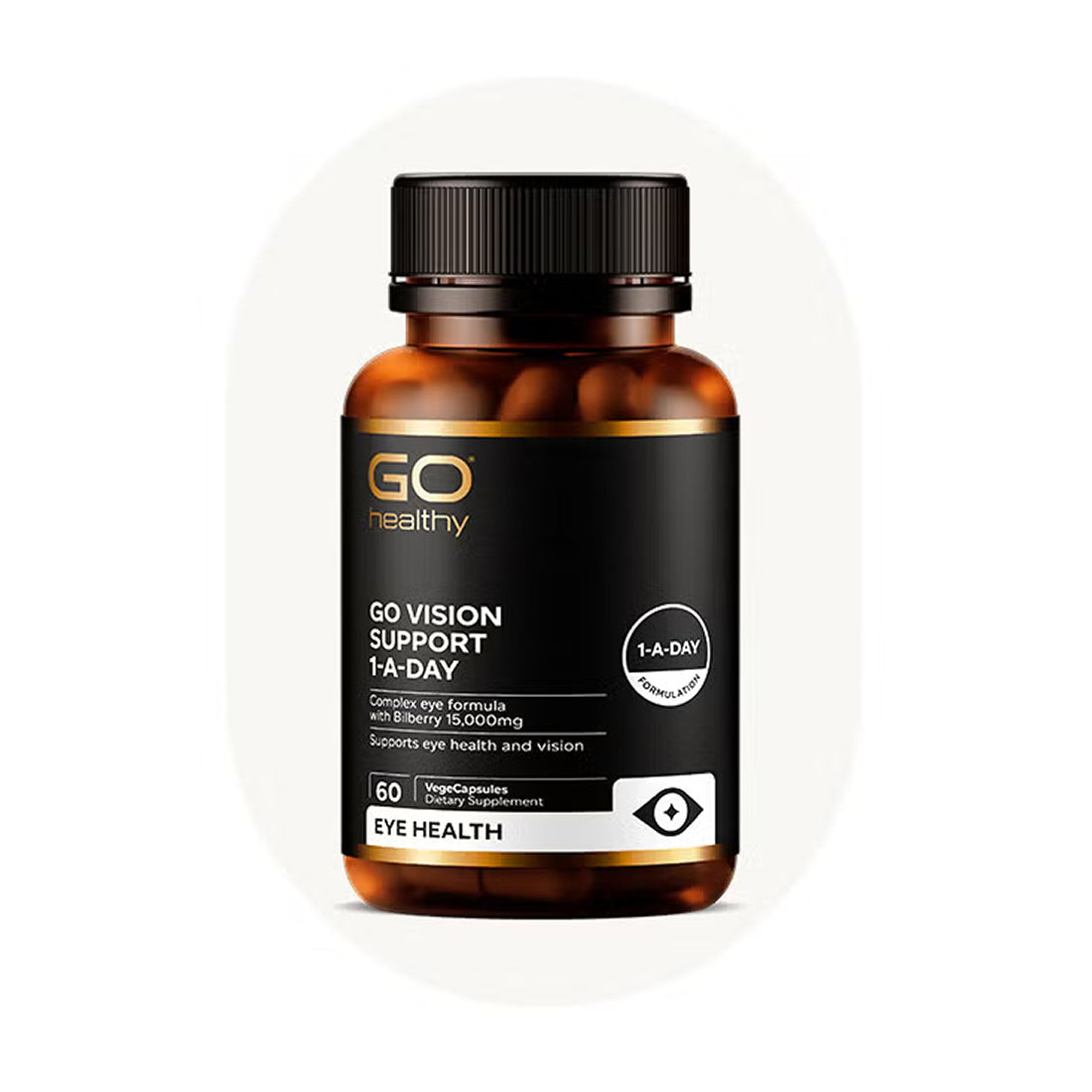 Bottle of GO Vision Support +A-Day supplement on a white background