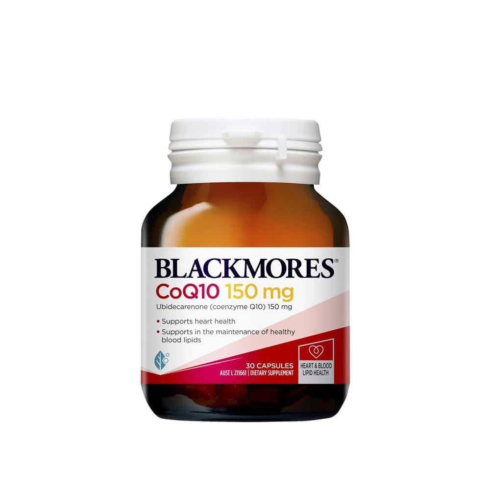 A bottle of Blackmores CoQ10 150mg high potency capsules with 30 capsules inside.