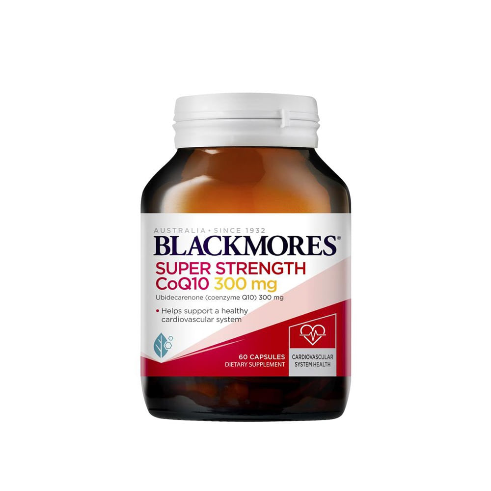 A bottle of Blackmores CoQ10 300mg Super Strength, with 60 capsules dosage, for supporting heart health.
