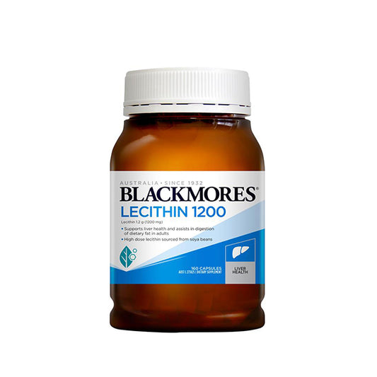 A bottle of Blackmores Lecithin 1200 supplement with 160 capsules, primarily designed for liver support and assisting in the digestion of dietary fats.