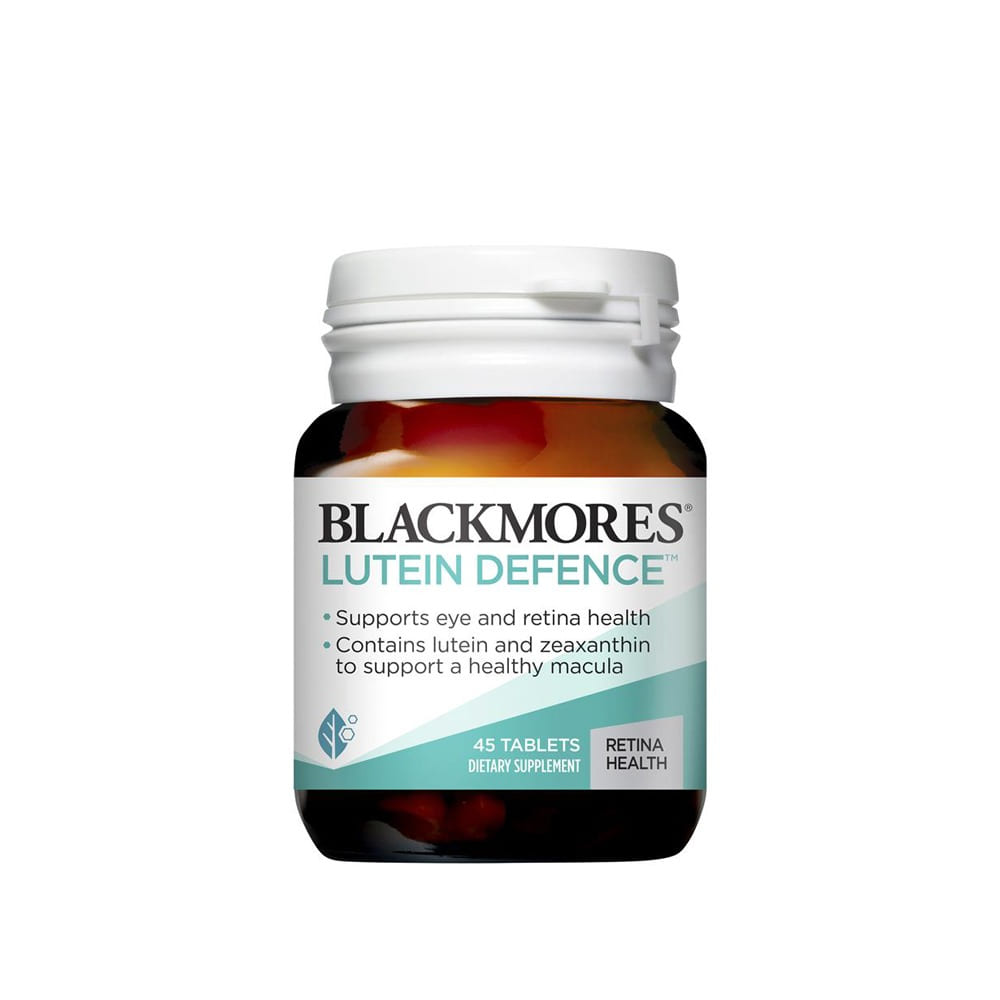 A bottle of Blackmores Lutein Defence 45 Tablets, with the label detailing the product's benefits for eye health.